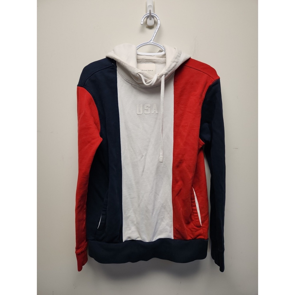 American Eagle USA Colorblock Hoodie Red White Blue Mens XS Sweatshirt